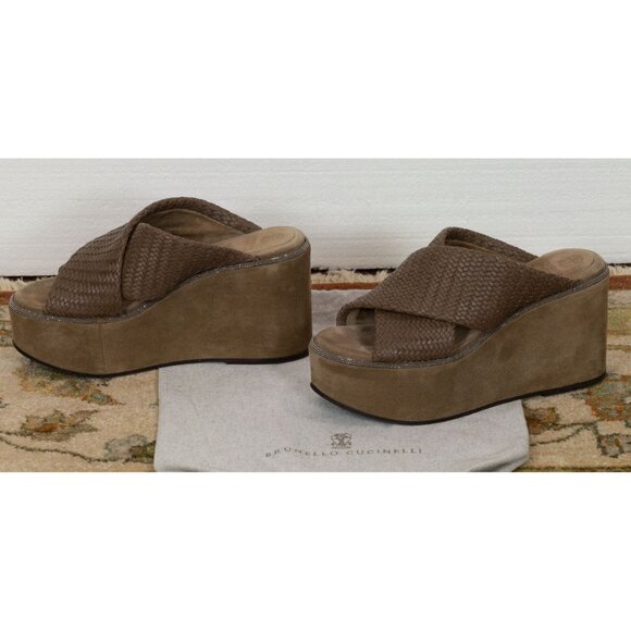 $1550 BRUNELLO CUCINELLI WOVEN LEATHER BROWN PLATFORM SANDALS WITH MONILI 37 - Picture 5 of 10